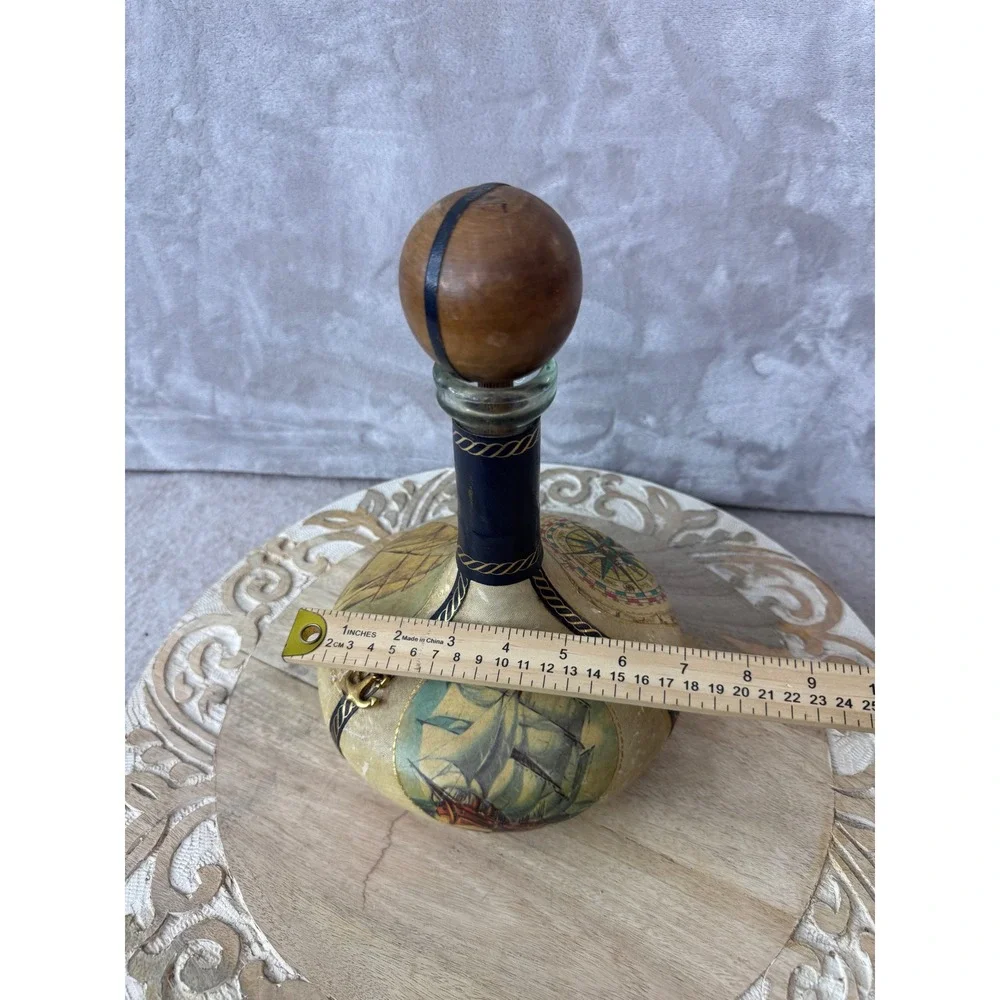 Vintage Italian Leather Wrapped Nautical Decanter Ship CompassWooden Stopper 11